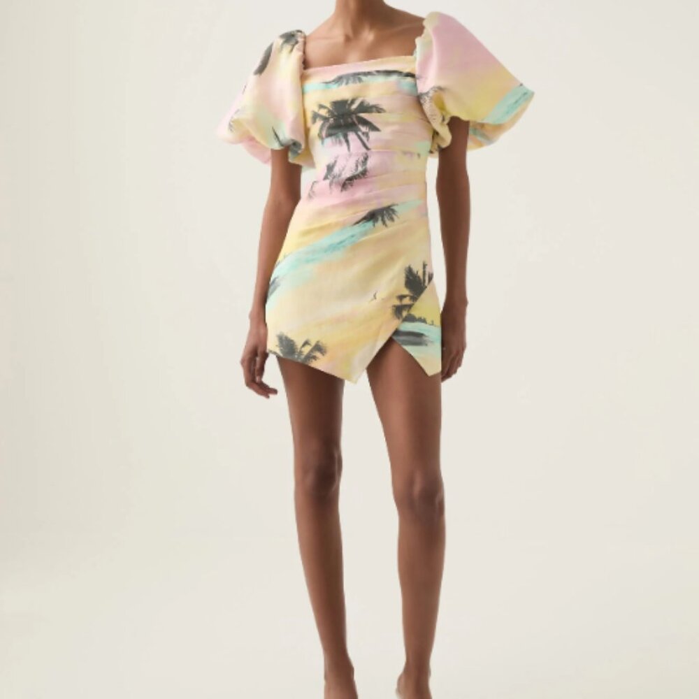Aje paradise wrap front mini dress, sunset sky